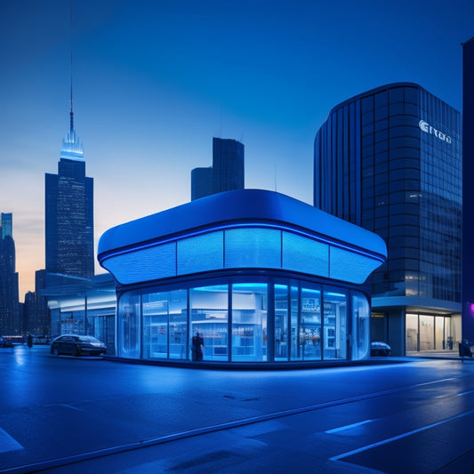 A futuristic retail storefront at dusk, with glowing blue energy-efficient lights and solar panels on the roof, surrounded by a cityscape with sleek skyscrapers and a bright, starry night sky.