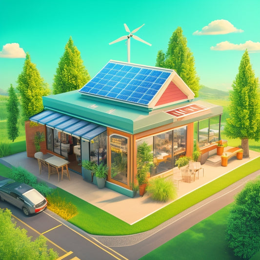 An illustration featuring a small business storefront with solar panels on the roof, a wind turbine in the background, and a briefcase or money bag nearby, surrounded by lush greenery.