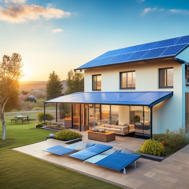 A serene landscape with a modern home in the background, featuring a rooftop solar panel array, with a technician in the foreground, holding a tablet and consulting a wiring diagram.