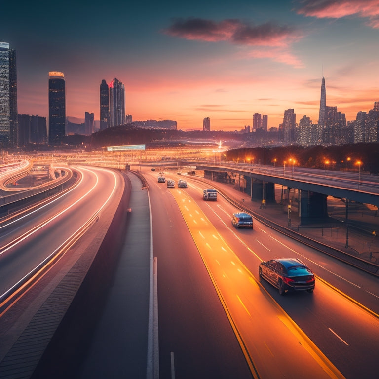 A futuristic cityscape at dusk with sleek, autonomous vehicles moving at varied speeds, surrounded by subtle, glowing speed limit signs and gentle, pulsing safety indicators on road lanes.