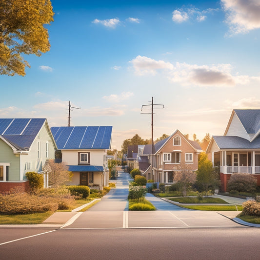 A serene residential street with 3-4 houses, each with a rooftop solar panel array, connected to a subtle grid of wires and inverters, set against a bright blue sky with a few wispy clouds.