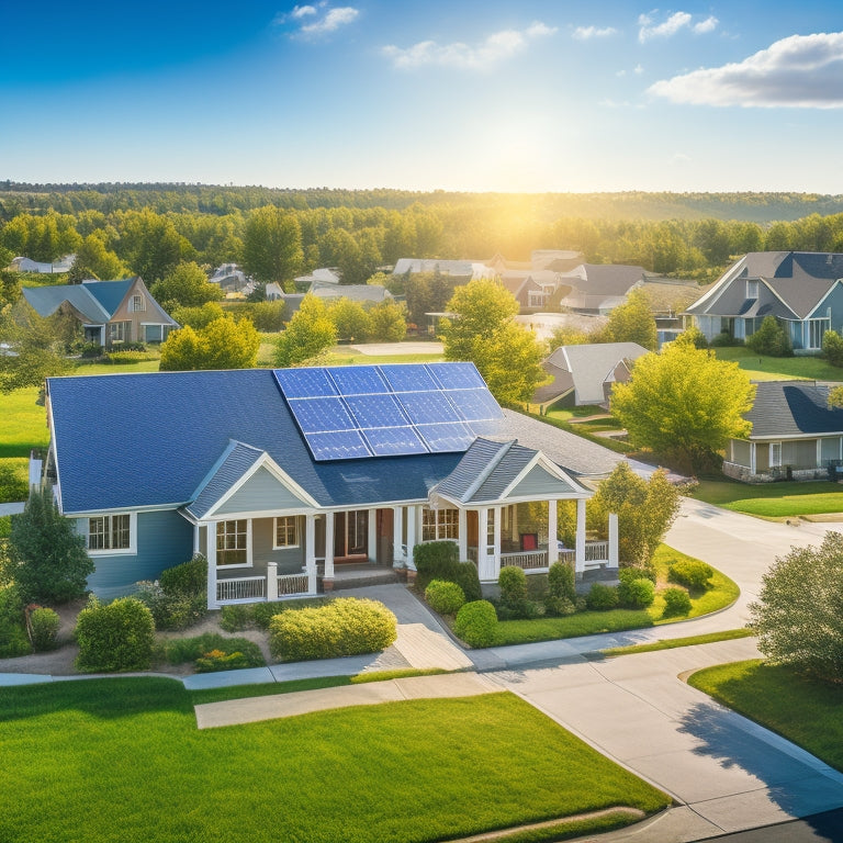 A serene suburban neighborhood with five houses, each featuring a unique solar panel installation, varying in size and angle, set against a clear blue sky with a few wispy clouds.