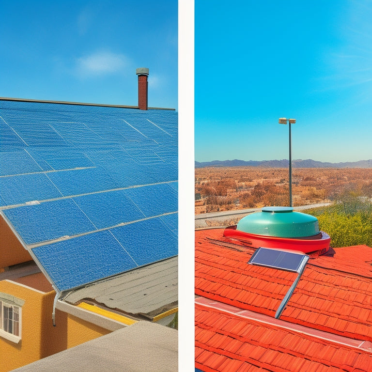 A split-screen illustration comparing a residential rooftop with a patchwork of shiny solar panels and a wallet overflowing with cash, versus a rooftop with a few scattered, worn-out panels and an empty wallet.