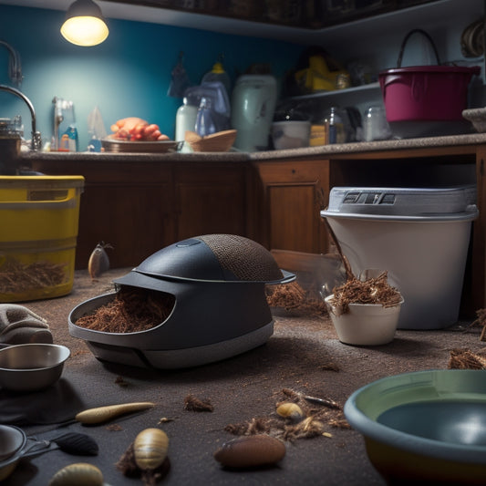 A dimly lit, cluttered home interior with scattered pests (cockroaches, mice, flies) amidst overturned trash cans and dirty dishes, contrasted with a clean, modern space in the background featuring an ultrasonic pest repeller device.