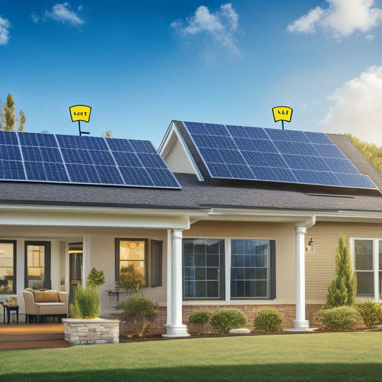 An illustration of a suburban home with a rooftop solar panel array, surrounded by thought bubbles containing icons of a calculator, a dollar sign, a sun, and a chart with ascending bars.