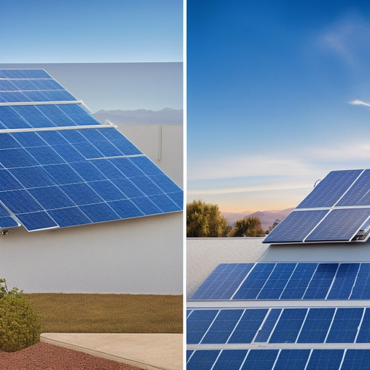 A split-screen image featuring a rooftop with solar panels installed on one side and a checklist with icons for money, house, and sun on the other, surrounded by subtle gridlines and a faint blue background.