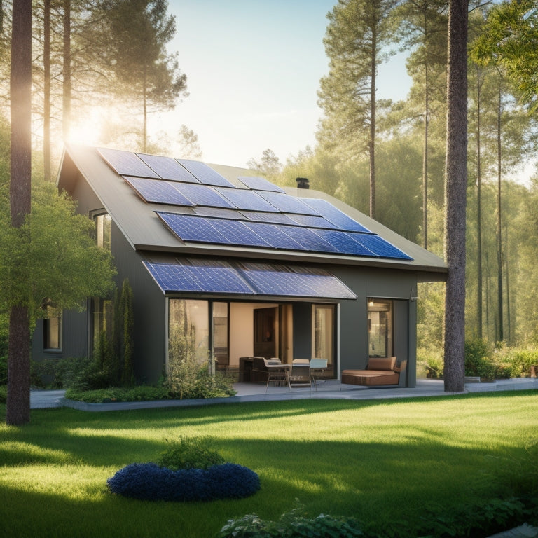 A serene, eco-friendly home with solar panels on the roof, surrounded by lush greenery, with a subtle sun symbol above, and a faint meter in the corner showing a decreasing energy bill.