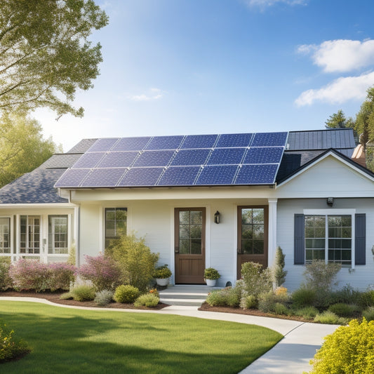 A serene, sunlit suburban home with a rooftop solar panel array and a sleek, modern battery system installed on the exterior wall, surrounded by blooming greenery and a clear blue sky.