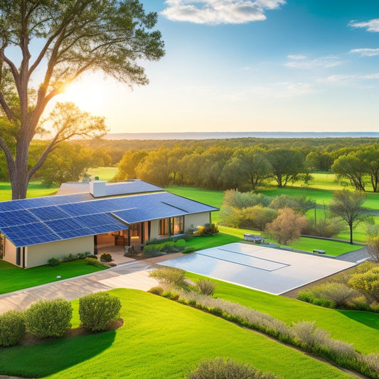 A serene Texas landscape with a few scattered trees, a sunny blue sky, and a modern suburban home in the distance, covered in sleek, black solar panels.