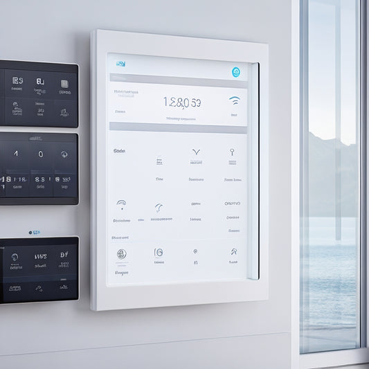 A modern, sleek smart home control panel with a large touchscreen display, surrounded by neat rows of switches, buttons, and LED indicators, set against a clean, minimalist white background.