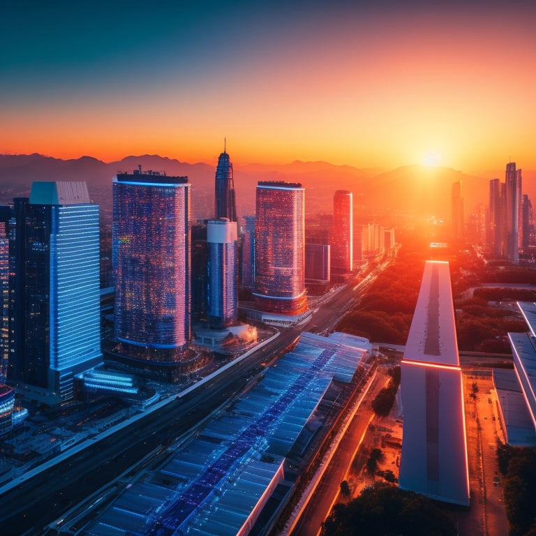 A futuristic cityscape at sunset with sleek, silver solar panels integrated into skyscraper facades, connected to a network of glowing, iridescent batteries and humming, neon-lit energy hubs.