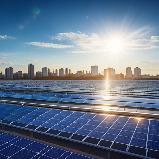 A photorealistic image of a modern commercial rooftop with multiple rows of sleek, silver-framed solar panels angled towards a bright blue sky, with a subtle cityscape in the background.