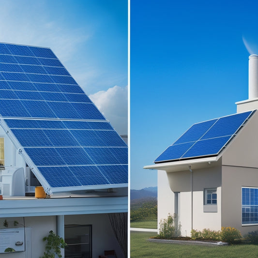 A split-screen illustration: left, a rooftop with solar panels and a small white house; right, a battery system with wires, circuits, and a gauge, set against a bright blue background with subtle sunlight rays.