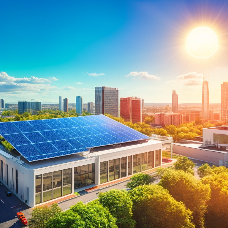 An illustration of a cityscape with rooftop solar panels and a large commercial building in the background, surrounded by green trees and a sunny blue sky.