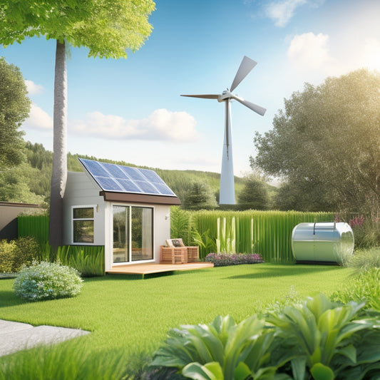 A photorealistic illustration of a modern, sleek, and eco-friendly backyard with a small wind turbine, solar panels, and a small shed housing an inverter, surrounded by lush greenery and a sunny sky.