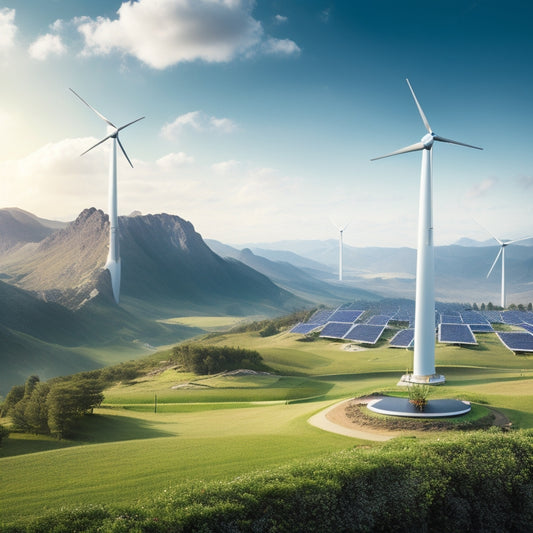 A futuristic landscape with sleek, silver wind turbines and solar panels amidst a backdrop of lush green hills, connected to a sprawling network of sleek, cylindrical battery storage units.