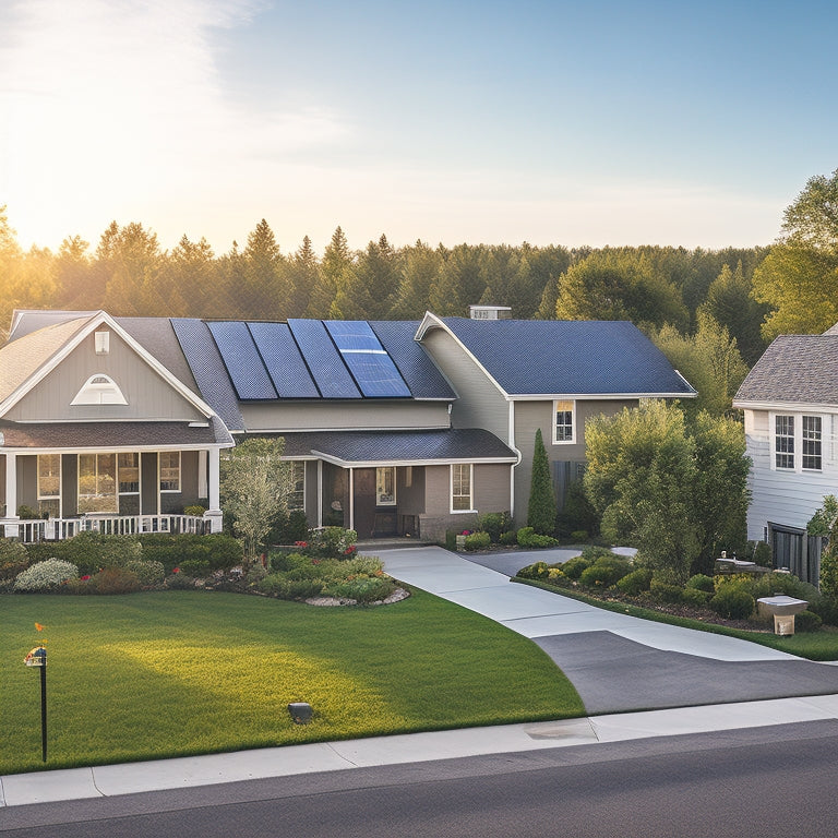 A serene suburban neighborhood with a mix of traditional and modern homes, each with sleek solar panels mounted on rooftops, surrounded by lush greenery and a bright blue sky.