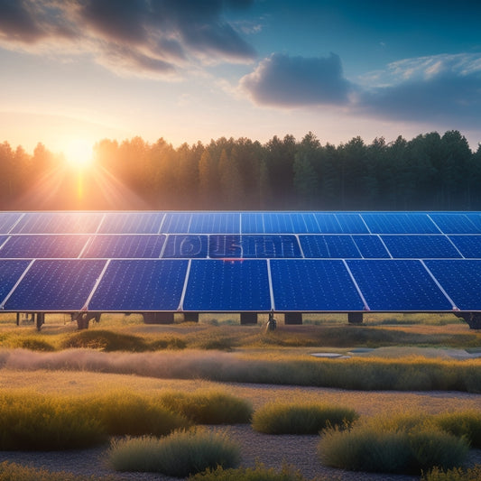 An illustration of a futuristic, sleek, and modern solar panel array set amidst a serene, misty landscape, surrounded by subtle, glowing blue circuitry and wires, with tiny, shimmering energy orbs floating around it.