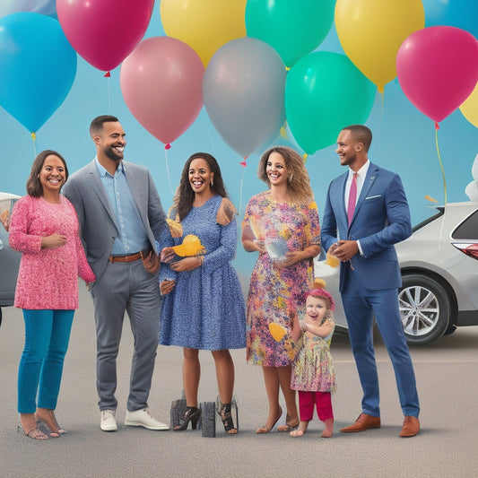 A colorful illustration of a diverse group of happy families standing in front of various affordable cars, with confetti and balloons in the background, surrounded by subtle hints of money and savings.