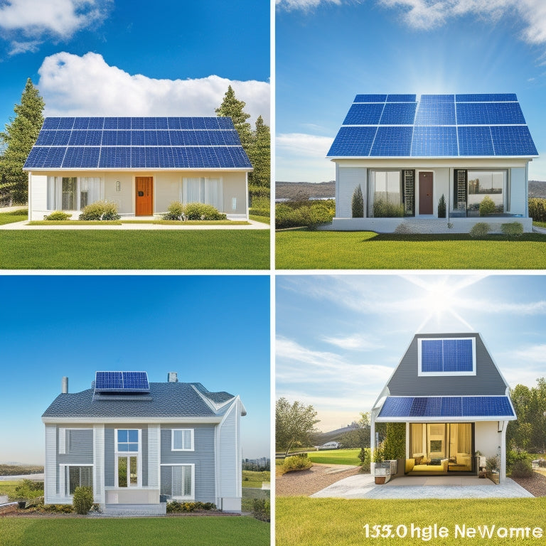 A split-screen image with 5 identical homes, each with a different solar panel and battery storage system, showcasing varying installation sizes and roof layouts, set against a bright blue sky with fluffy white clouds.