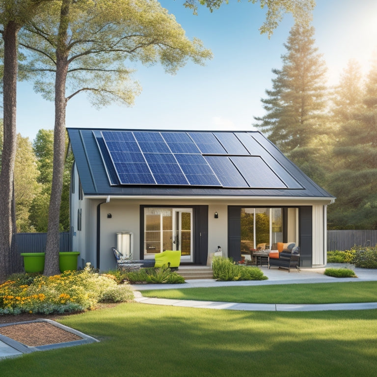 A serene suburban home with sleek black solar panels on the roof, a compact battery storage unit next to a utility meter, and a sunny backyard with a few trees.