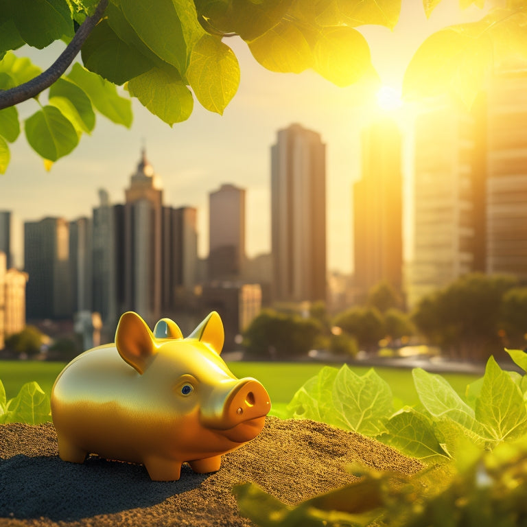 An illustration of a bright yellow sun shining down on a piggy bank, surrounded by green leaves and vines, with a subtle background of a cityscape or suburban neighborhood.