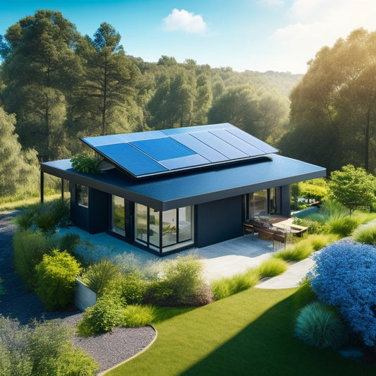 A serene, modern eco-friendly home with a sloping roof, surrounded by lush greenery, featuring sleek, black solar panels blending seamlessly into the rooftop, set against a bright blue sky with a few wispy clouds.