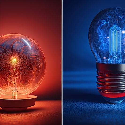 A split-screen image: on the left, a conventional incandescent bulb with a red glow, surrounded by swirling heat waves; on the right, a sleek, modern LED bulb with a soft blue light and subtle energy-efficient patterns.