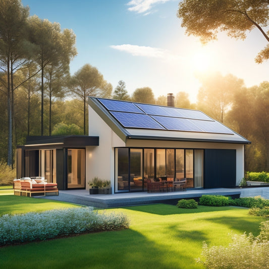 A serene, modern solar-powered house with a sleek, black rooftop array, surrounded by lush greenery and a clear blue sky, with a subtle hint of sun rays peeking from behind the panels.