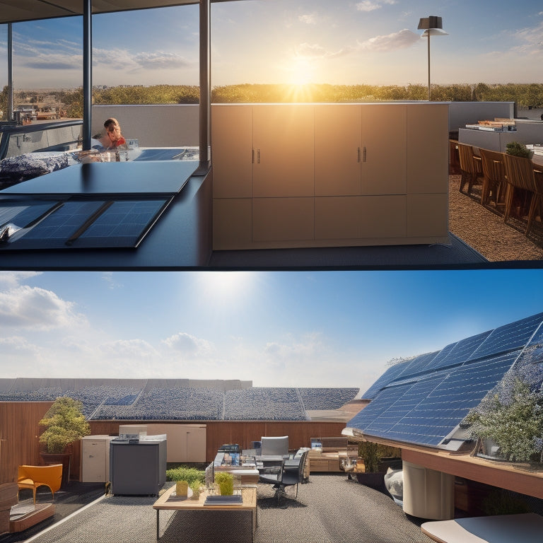 A dramatic, split-screen illustration: a sunny rooftop with sleek solar panels on one side, and a cluttered, dimly lit office desk on the other, piled with invoices, permits, and scattered tools.