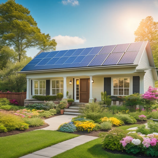 A serene suburban home with a mix of greenery and flowers in the front yard, featuring a sleek solar panel system on the roof, with a few panels slightly angled to capture sunlight.