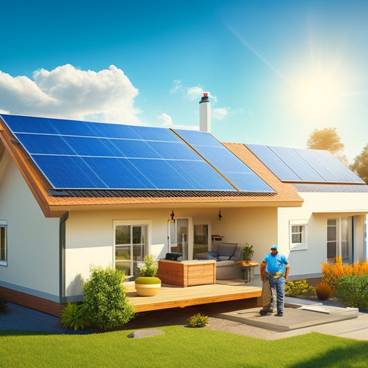 An illustration of a residential house with a solar panel array on the roof, surrounded by tools and equipment, with a worker in the distance, against a clear blue sky with a subtle sun.