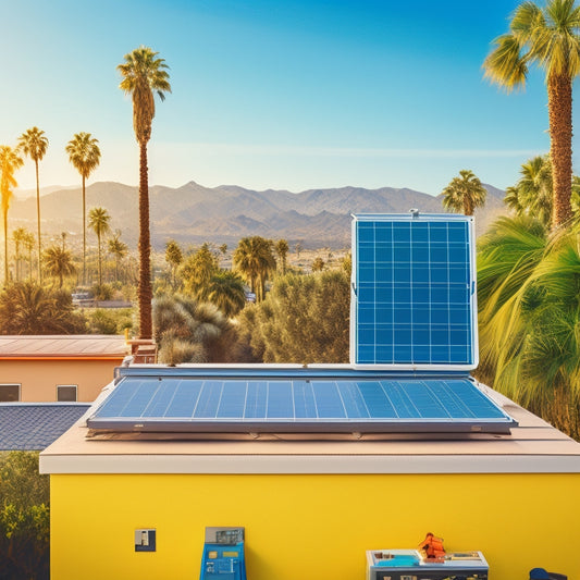 An illustration of a sunny California rooftop with a partially installed solar panel array, toolbox, and measuring tape, surrounded by palm trees and a subtle California state flag pattern in the background.