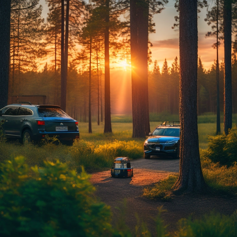 A serene forest landscape at dusk with a parked car, camping gear, and a portable solar panel setup in the foreground, surrounded by lush greenery and a subtle sunset glow.