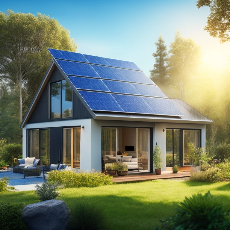 An illustration of a modern, eco-friendly home with solar panels on the roof, double-glazed windows, and a smart thermostat, surrounded by lush greenery and a bright blue sky.