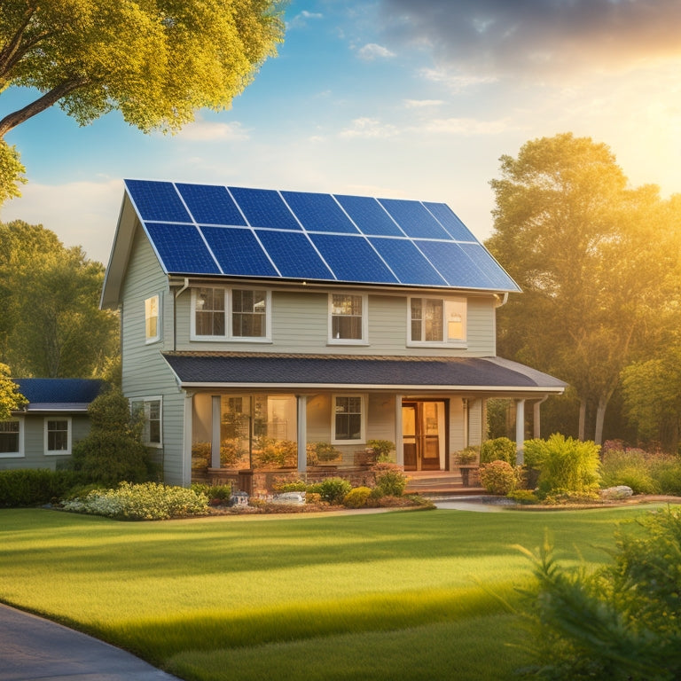 A serene suburban home with a mix of solar panels and traditional roofing, surrounded by lush greenery, with a subtle sun shining down, and a faint grid of electrical lines in the background.