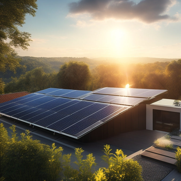 An illustration of a sleek, modern rooftop with three rows of solar panels, connected to a compact battery pack in the background, surrounded by lush greenery and a subtle sun symbol.