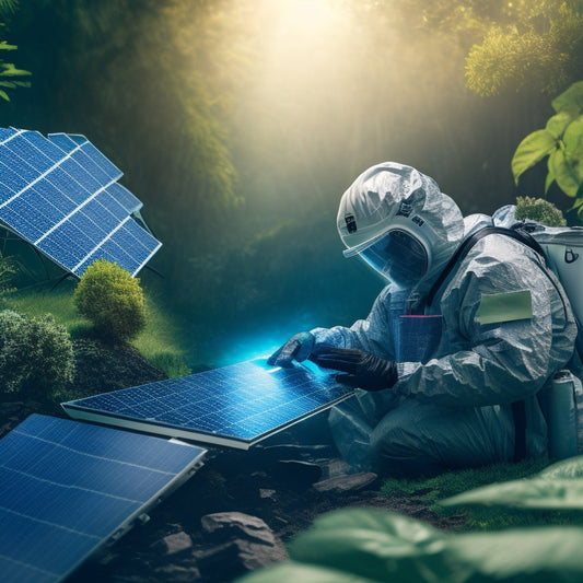 An illustration of a person in a protective suit and gloves, carefully disassembling a decommissioned solar panel, amidst a background of recycling symbols and eco-friendly elements, surrounded by lush greenery.