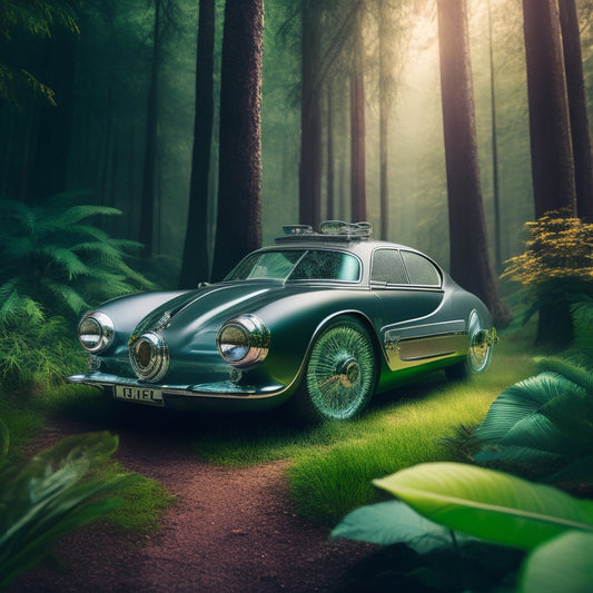 A surreal, futuristic illustration of a vintage car transformed into an eco-friendly electric vehicle, surrounded by greenery, with sparks and circuits visible beneath its sleek, metallic body.