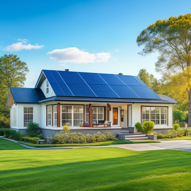 A serene suburban home with a pitched roof, adorned with a sleek, black solar panel array, amidst a lush green lawn, under a clear blue sky with a few wispy clouds.