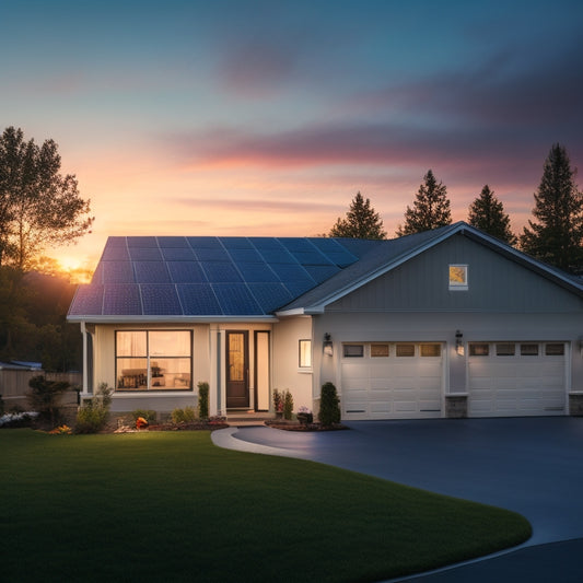 A serene suburban home at sunset with a sleek, modern solar panel array on the roof, a compact battery storage unit in the garage, and a faint, glowing power meter in the background.