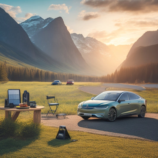 A scenic background with a parked electric car, surrounded by solar panels and various car accessories like a solar-powered battery charger, a wireless phone charger, and a portable power bank.