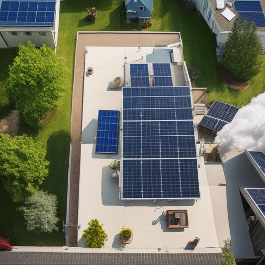 An overhead view of a residential rooftop with solar panels partially installed, surrounded by tools, wires, and a ladder, set against a sunny blue sky with fluffy white clouds.