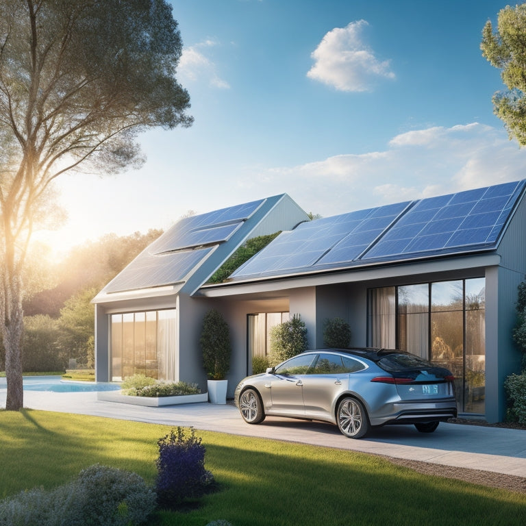 An illustration of a sleek, silver hybrid vehicle parked in front of a modern, sustainable home with a large solar panel array on its roof, surrounded by lush greenery and a bright blue sky.