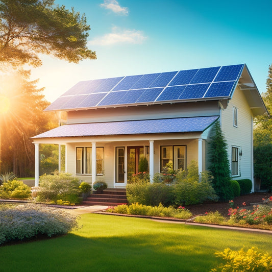 A serene suburban home with solar panels installed on its roof, surrounded by lush greenery and a bright blue sky, with a subtle hint of sunlight reflecting off the panels.