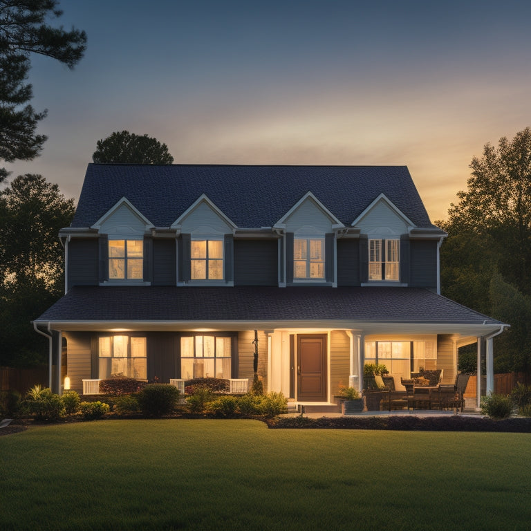 A serene suburban home at dusk, illuminated by soft golden lighting, with a sleek solar panel array on the roof and a compact battery backup system visible through a window.