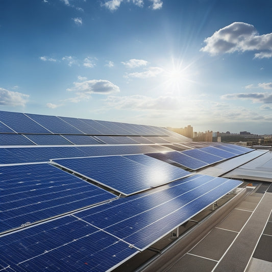 A photorealistic image depicting a sprawling rooftop covered in large, sleek solar panels, with a bright blue sky and fluffy white clouds in the background, and a subtle hint of sunlight reflection.