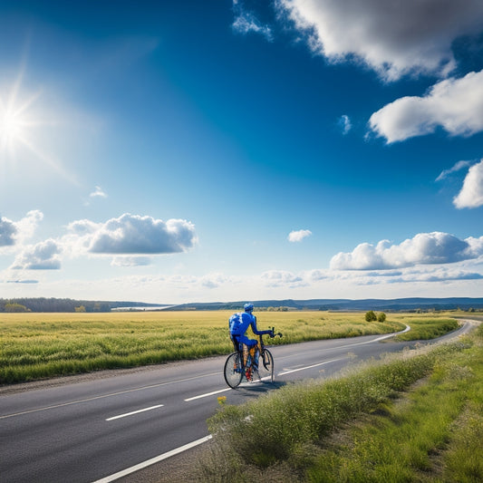 A serene landscape featuring a cyclist riding a bicycle equipped with solar panels and a portable battery pack, set against a bright blue sky with fluffy white clouds.