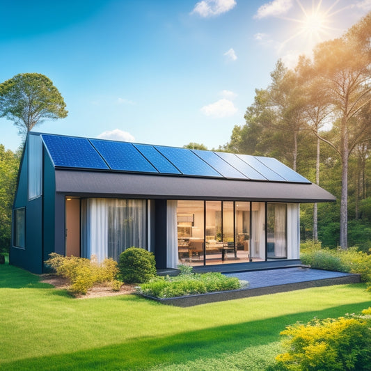 A serene, modern, eco-friendly home with sleek, black solar panels integrated into the roof, surrounded by lush greenery and a bright blue sky with a few puffy white clouds.