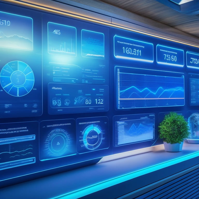 A futuristic dashboard with glowing blue lines, displaying a stylized illustration of a house with solar panels on the roof, surrounded by circular graphs and charts showing energy output, temperature, and performance metrics.